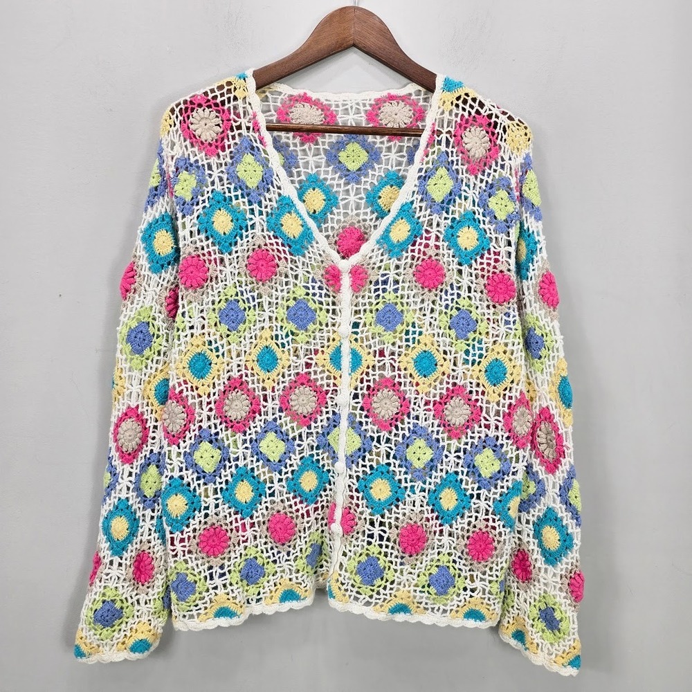 Handmade Crochet Granny Square Cardigan Sweater 2X Multicolor Boho Hippie Resort